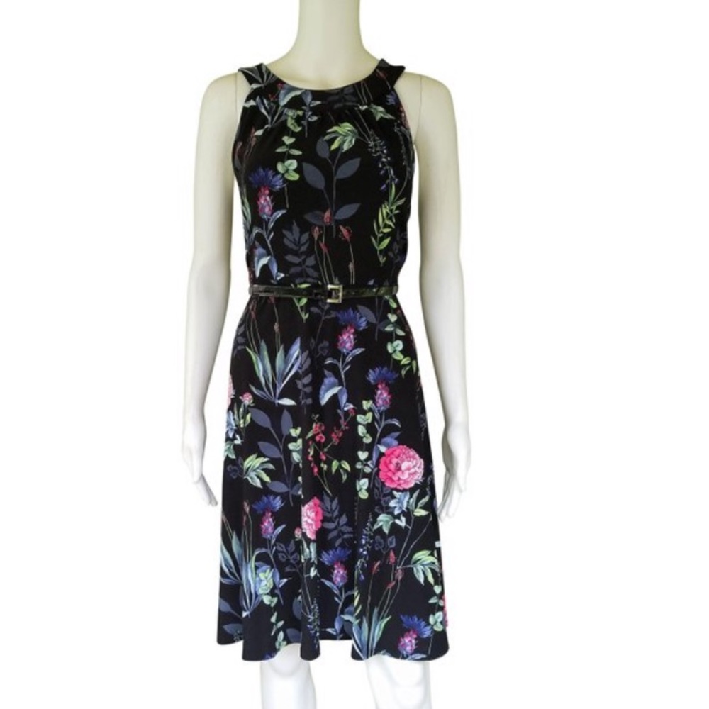 Black Multi floral midi dress w/belt
